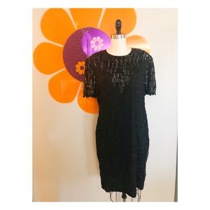 Vintage Silk Beaded Black Coctail Dress - L